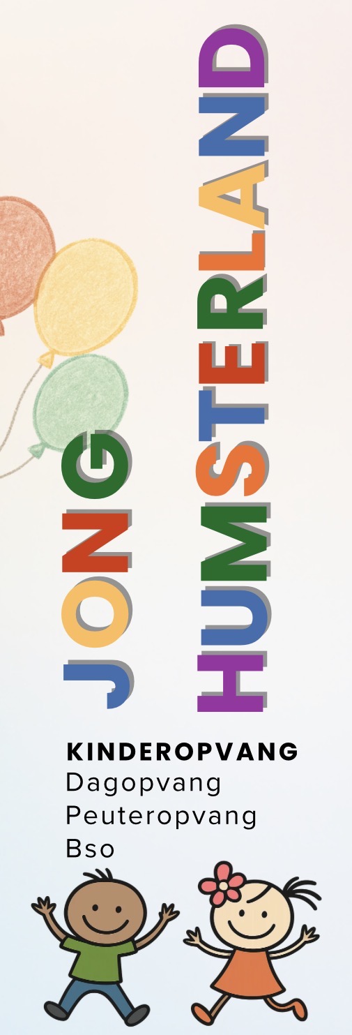 Het vrolijke logo van Jong Humsterland: regenboogletters met kleurpotlood-ballonnen en twee dansende kinderen